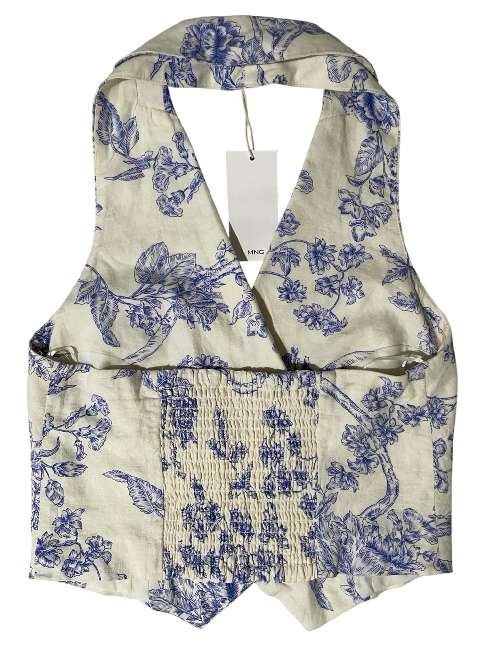 MANGO Floral Toile de Jouy Blue & Ivory Halter Tailored Waistcoat Vest XS - Picture 10 of 12